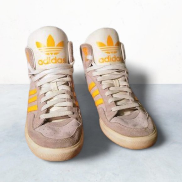 Adidas-  Extaball High Tops, light grey, white, gold/yellow, size 9 (womens) - Picture 1 of 5